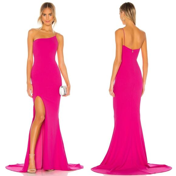 Nookie Jasmine One Shoulder Maxi Gown Side Slit Neon Barbie Pink Formal Gala S